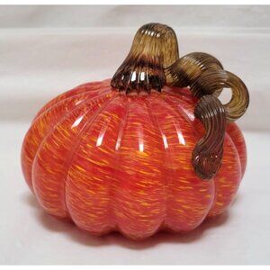 Hand-Blown Swirled Art Glass Orange 5" Pumpkin With Curly Stem